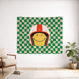 Checked Smiley Head Custom Wall Tapestry - Velvet Satin 9