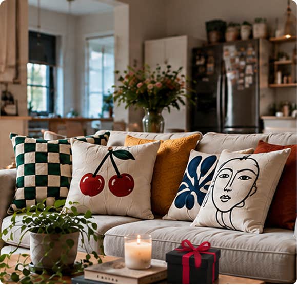 Decorative throw pillows arranged on a sofa