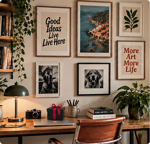 Wall art and framed prints in a cozy home office